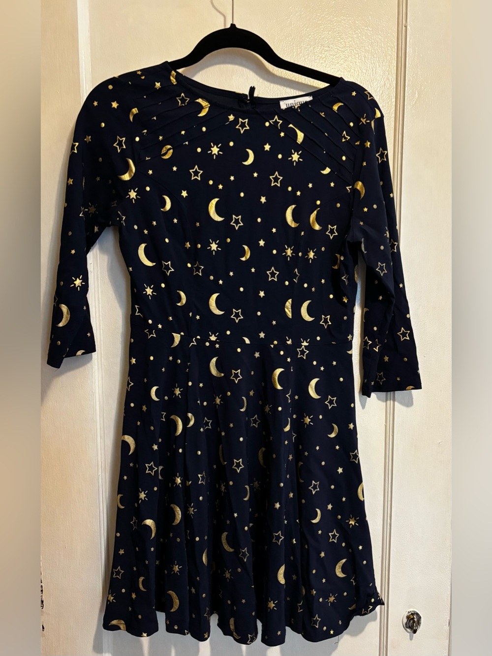Unique Vintage Celestial Moon & Stars Fit Flare Dress Size M 6/8 Navy Gold
